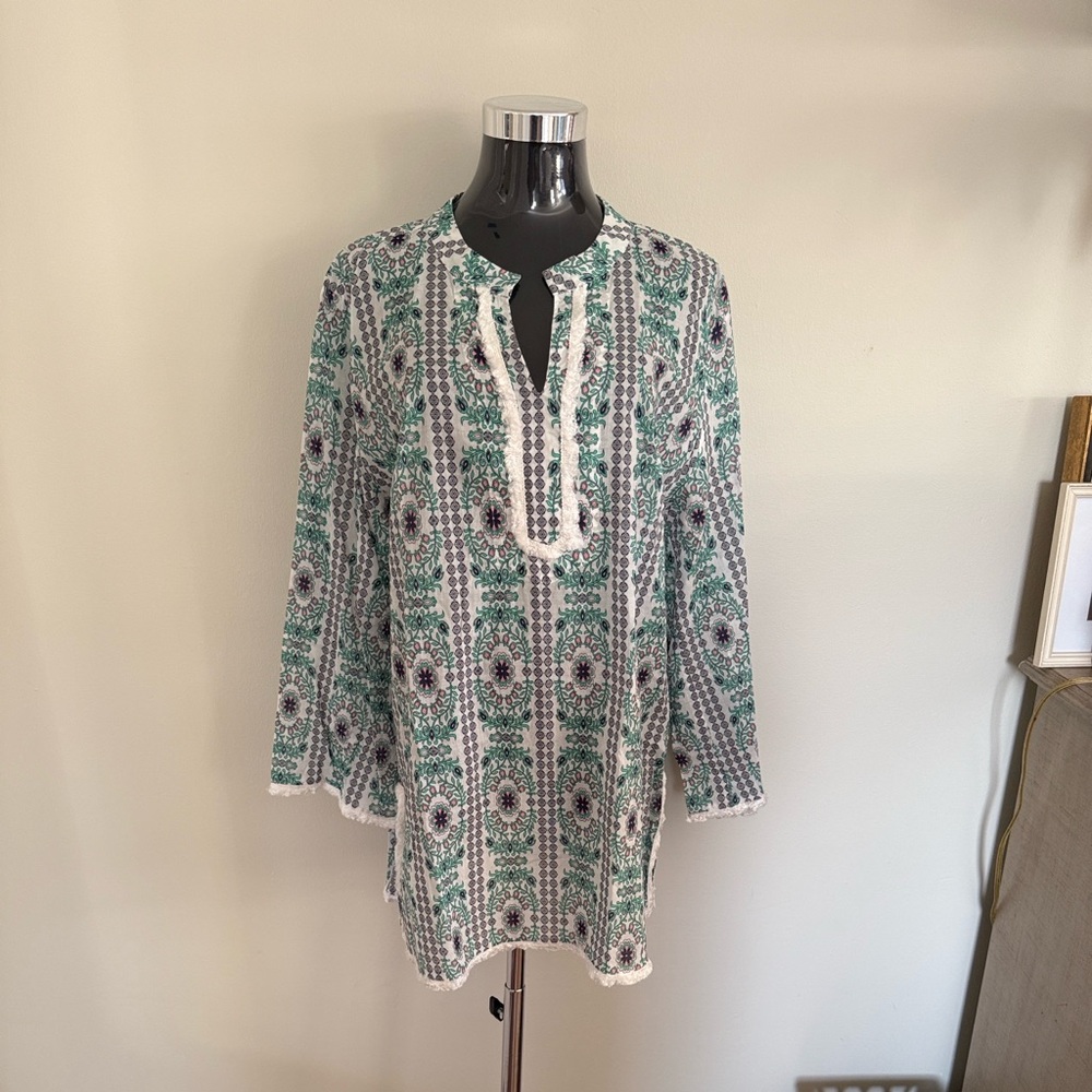 Green, Blue & White Patterned Tunic Top by French Curve. Pretty fringe